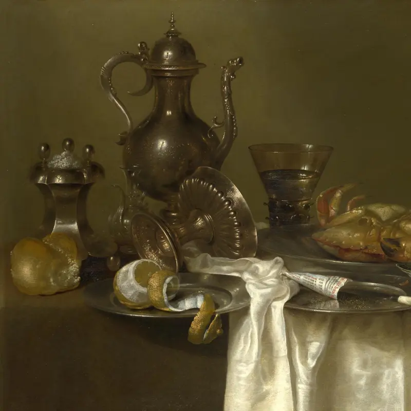 Still Life: Pewter and Silver Vessels and a Crab